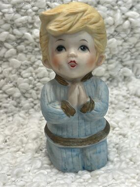Vintage Ceramic Praying Boy Figurine Blonde Hair Blue Robe